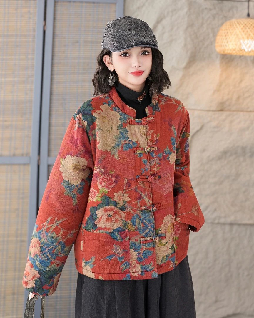 长袖花朵不起球遮肉立领棉衣棉服上衣盘扣小棉提花中国风民族风