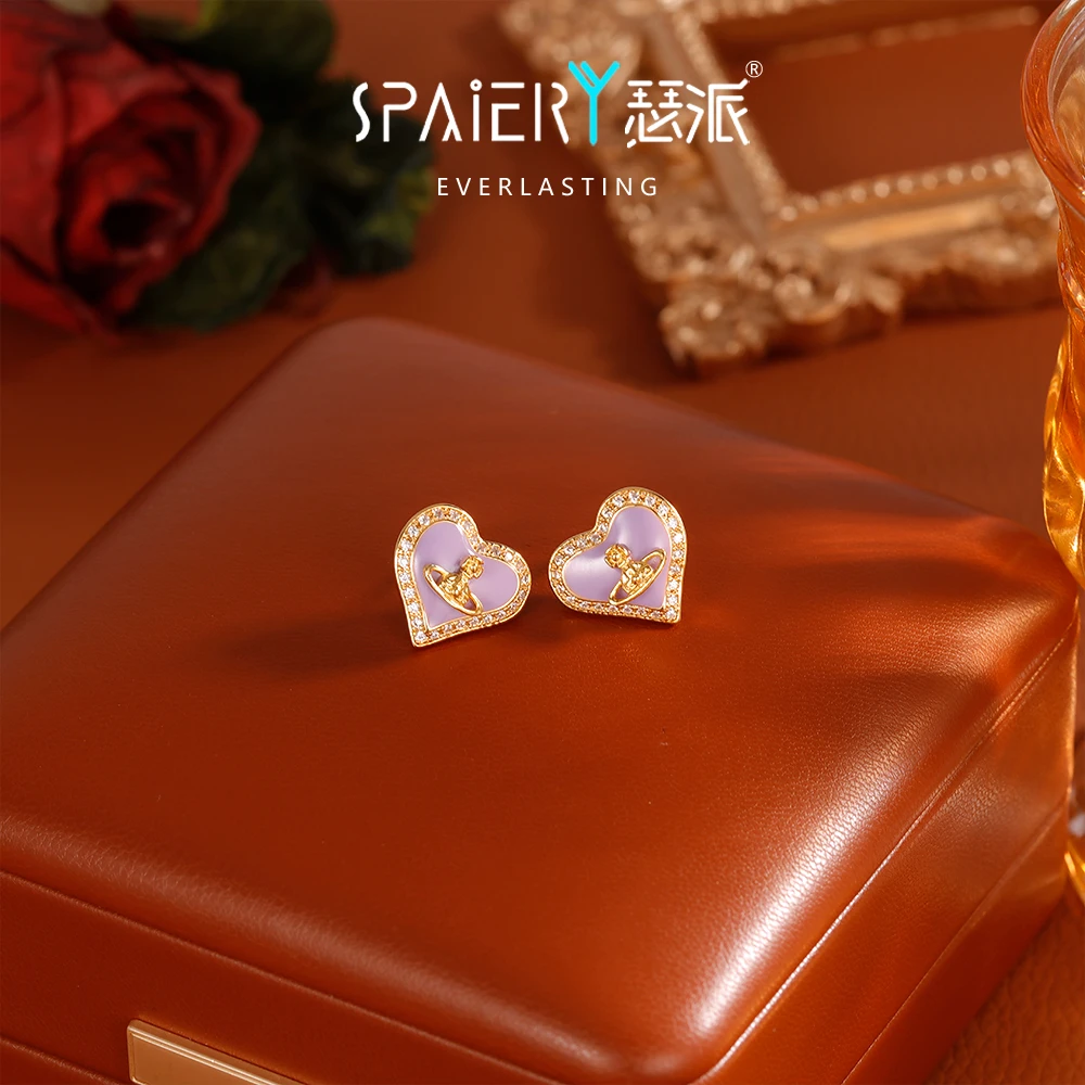 合金耳饰 【5309】爱心紫母贝土星耳钉镶钻心形耳环甜美气质耳饰女