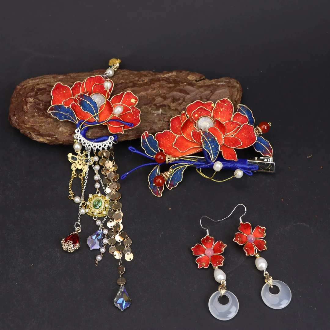 【国色芳华】非遗绒花红牡丹花发夹耳环压襟套装古风簪百搭头饰发饰