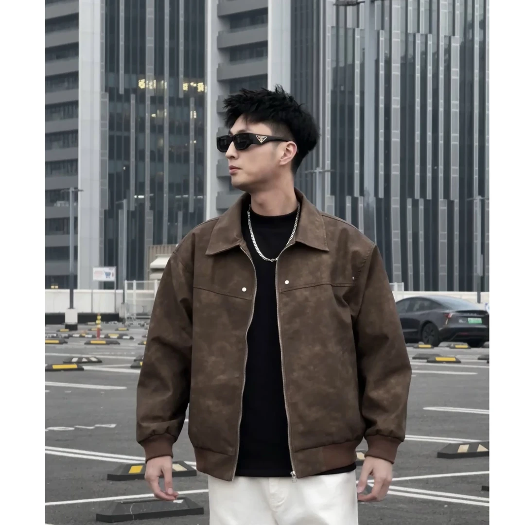 2025新款简约高质感扎染韩版复古休闲短款宽松百搭翻领铆钉皮夹克