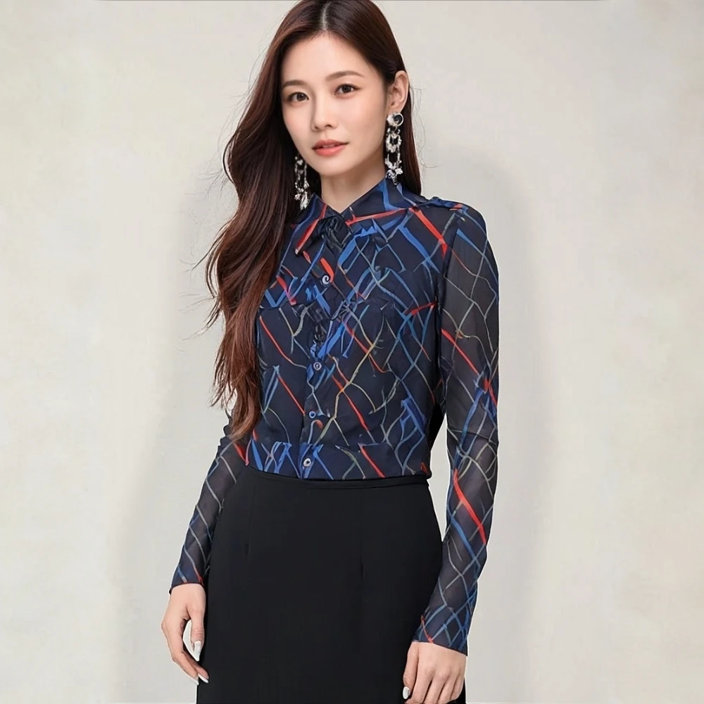 哥弟女装秋季气质通勤衬衫洋气翻领长袖小个子女士衬衣1301009