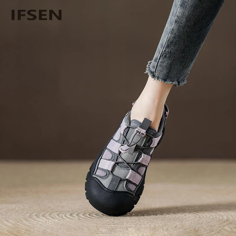 IFSEN韩版透气鞋子复古休闲鞋女新款德训鞋黑色老爹鞋女百搭运动