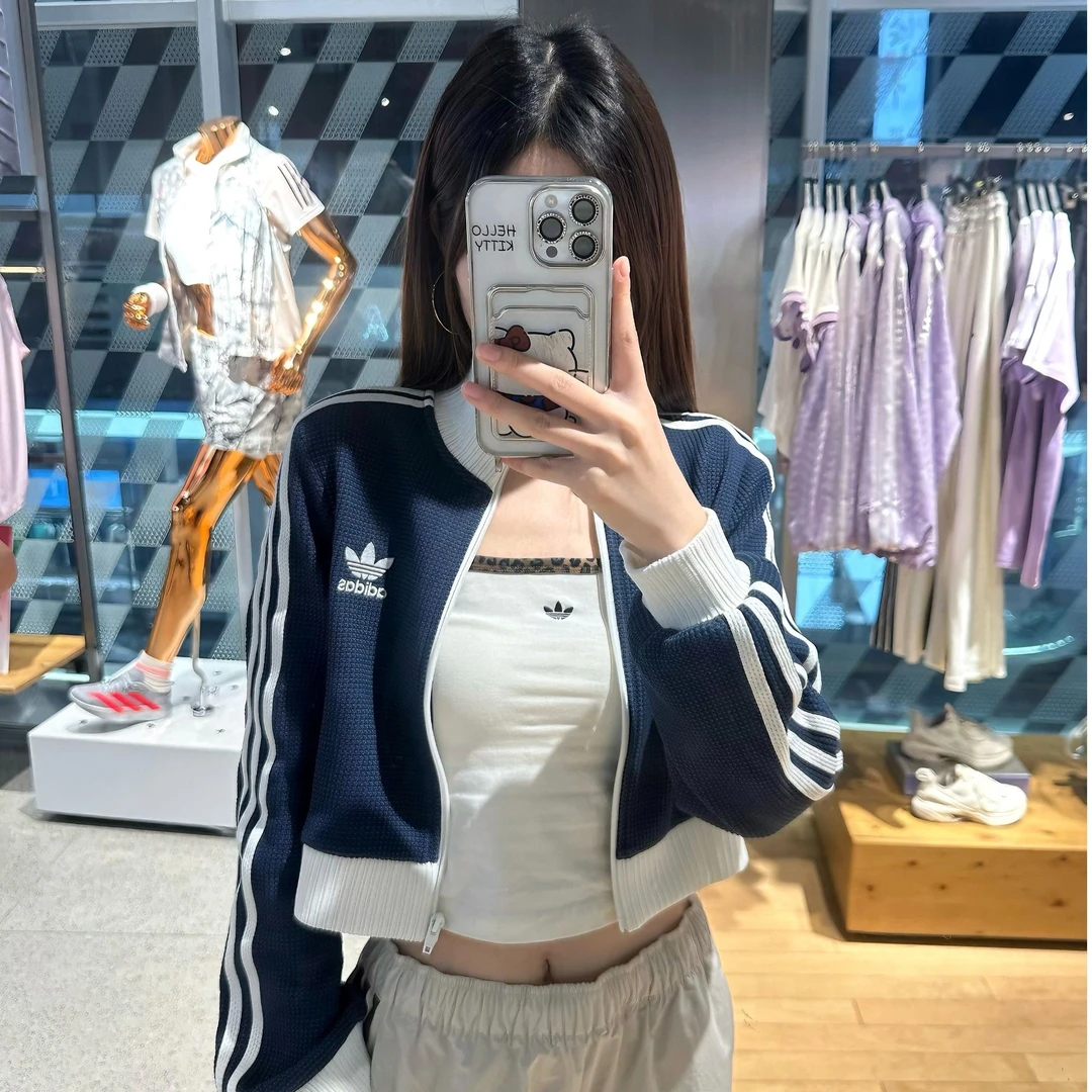 阿迪达斯外套女秋季三叶草华夫格长袖短款运动宽松休闲夹克KC2646