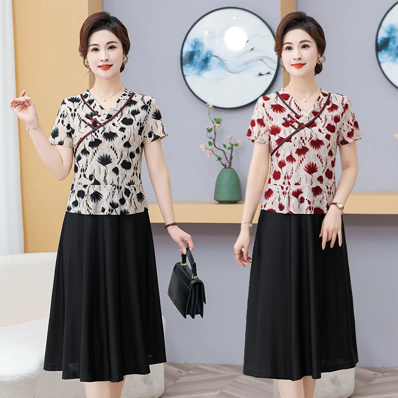 妈妈夏装短袖连衣裙新款中老年女装拼接假两件裙子女中长款印花裙