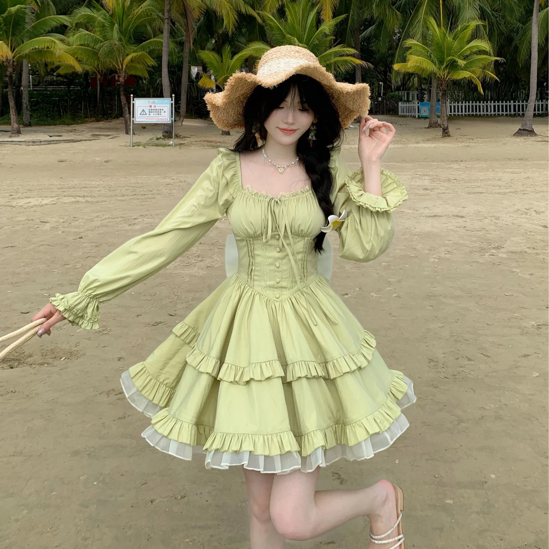 Blovelan糖渍青梨 方领抽绳设计感大蝴蝶蓬蓬连衣裙