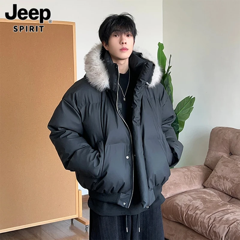 Jeep吉普可拆卸连帽棉服男款冬季美式短款加厚宽松面包服毛领外套