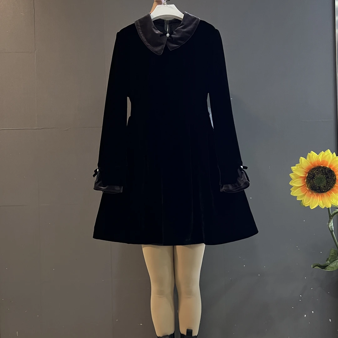 新款法式复古紫色小翻领蝴蝶领拼接气质显瘦丝绒连衣裙