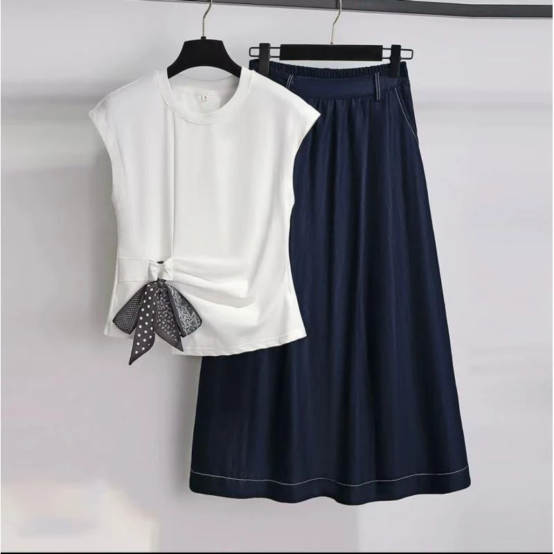 休闲简约压褶小众设计2025夏圆领无袖短T恤+高腰半身裙GJ2561