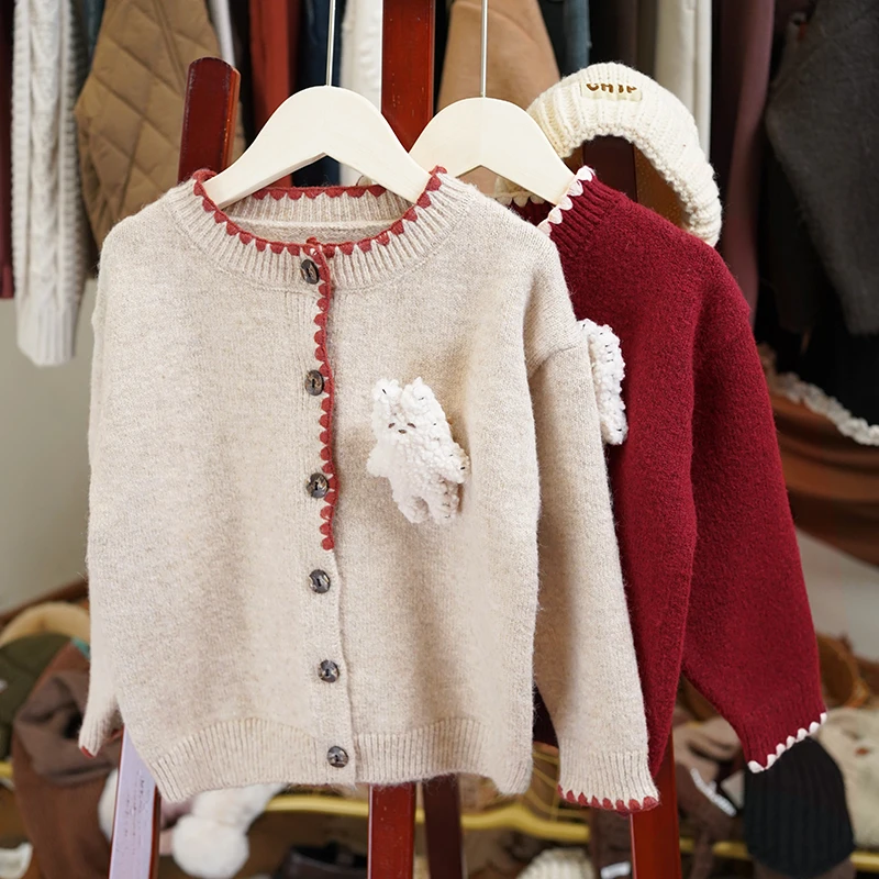 【红蔻时光】韩系复古秋冬女童设计针织花边透气毛衣开衫-LQ379