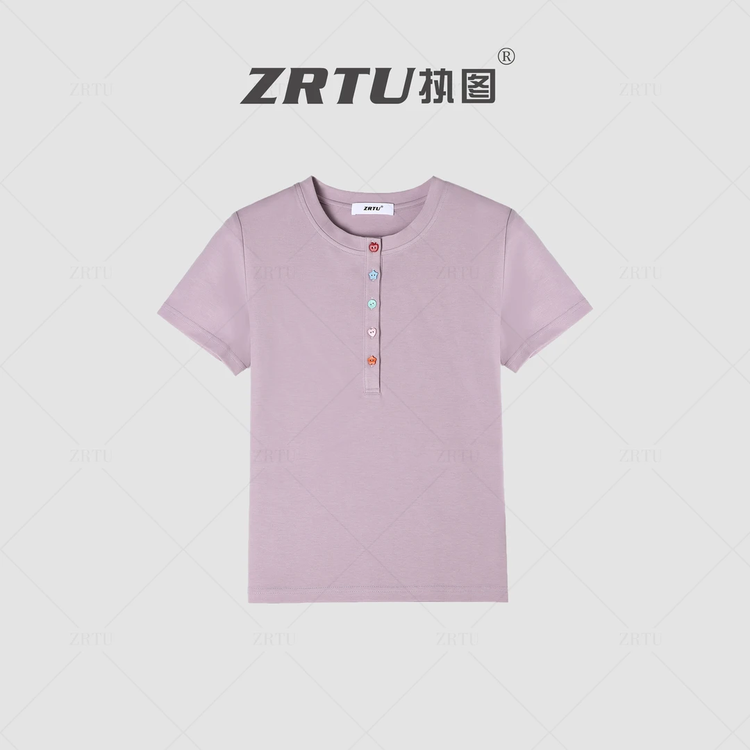 ZRTU执图2025新款彩色排扣短袖宽松型V领T恤