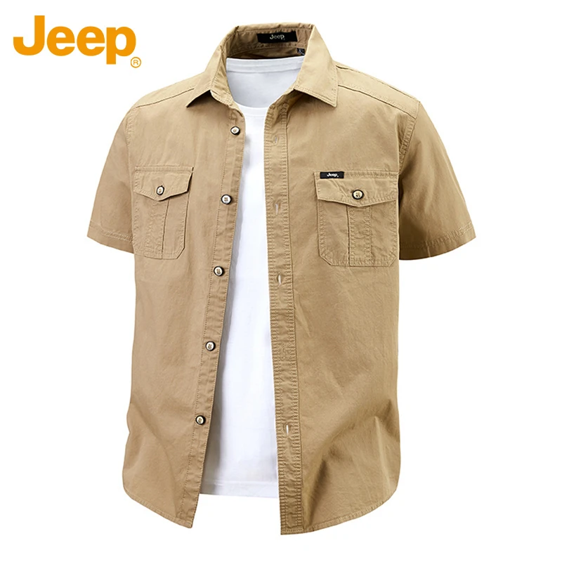 Jeep吉普男士纯棉短袖衬衫春夏新款宽松透气薄款休闲衬衣外套潮流