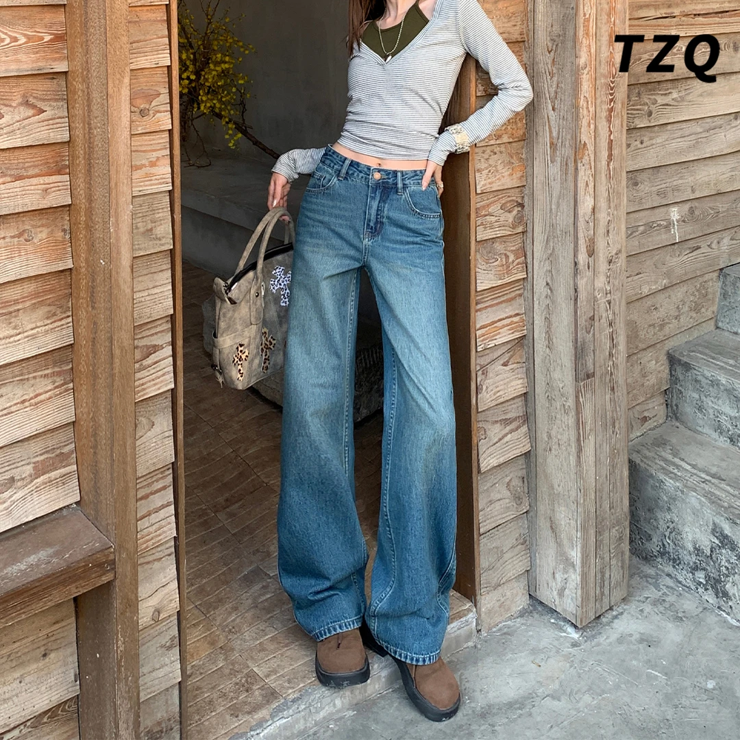 复古九分阔腿牛仔裤女款爆款2025秋季新款小个子显瘦垂感直筒裤子