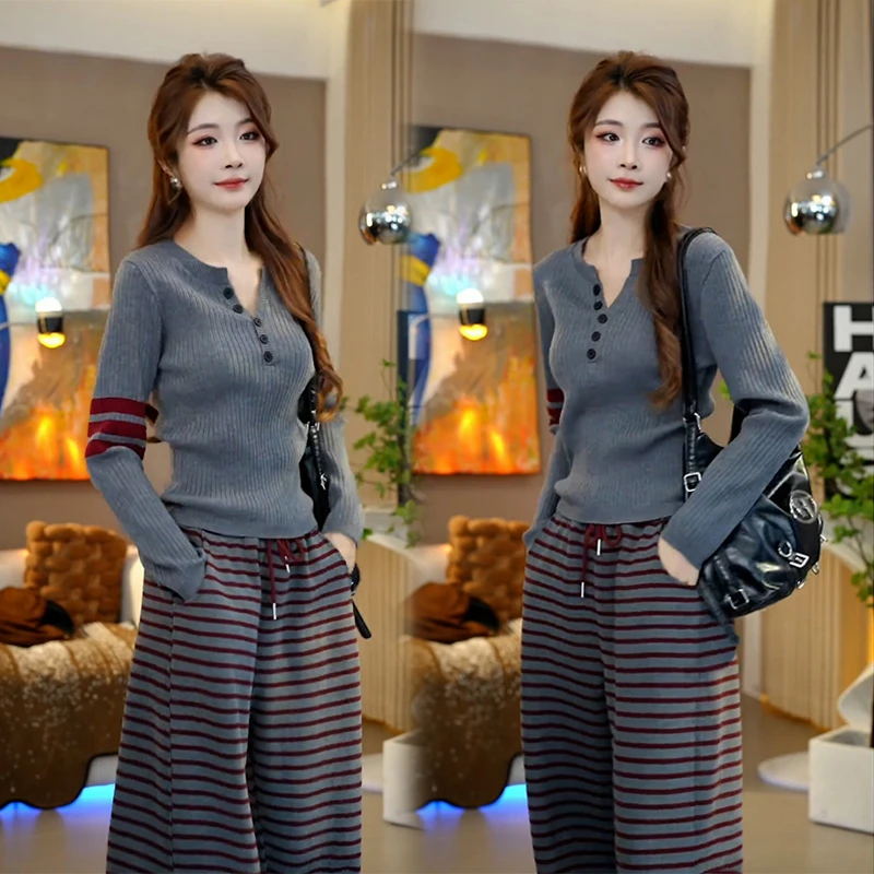 时尚套装女春季新款轻奢气质显瘦上衣灰色条纹阔腿裤大码两件套潮