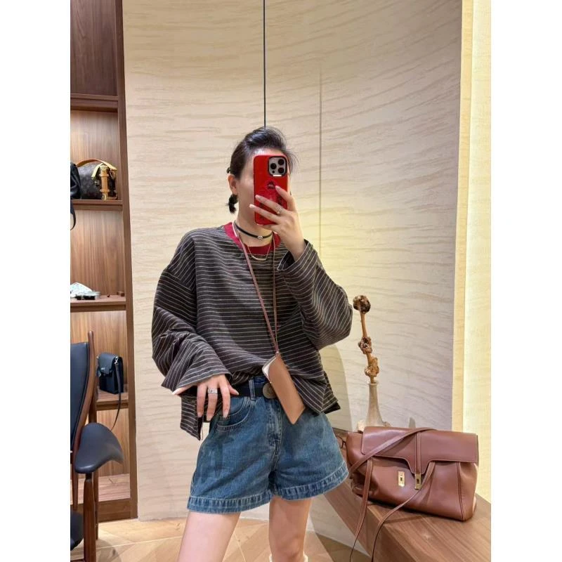 XMM【条纹圆领衬衣】时尚百搭潮流显瘦洋气宽松针织休闲撞色TY53729