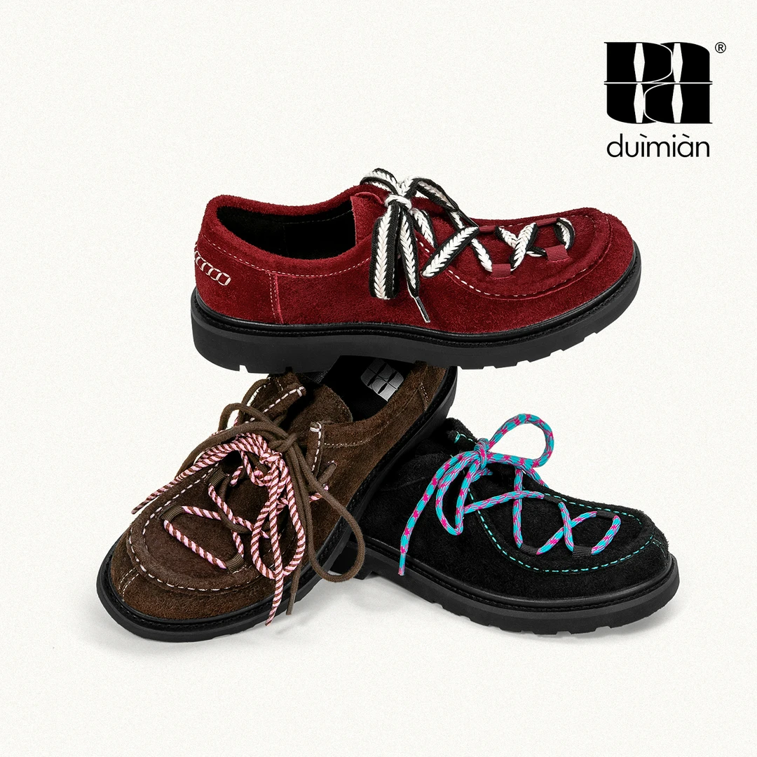 对面彩绳袋鼠鞋 秋舒适新款女鞋牛反绒休闲皮鞋百搭软底复古圆头