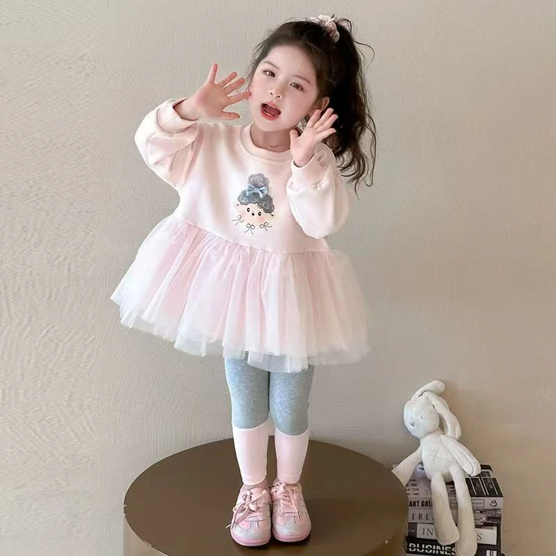 女童甜美卡通网纱拼接卫衣裙2025春秋新款儿童宝宝打底裤套装