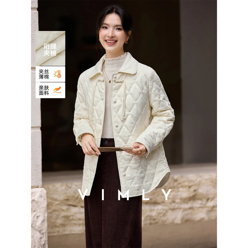 M梵希蔓杏色新中式菱格翻领棉服女冬保暖百搭轻薄棉衣外套A3120