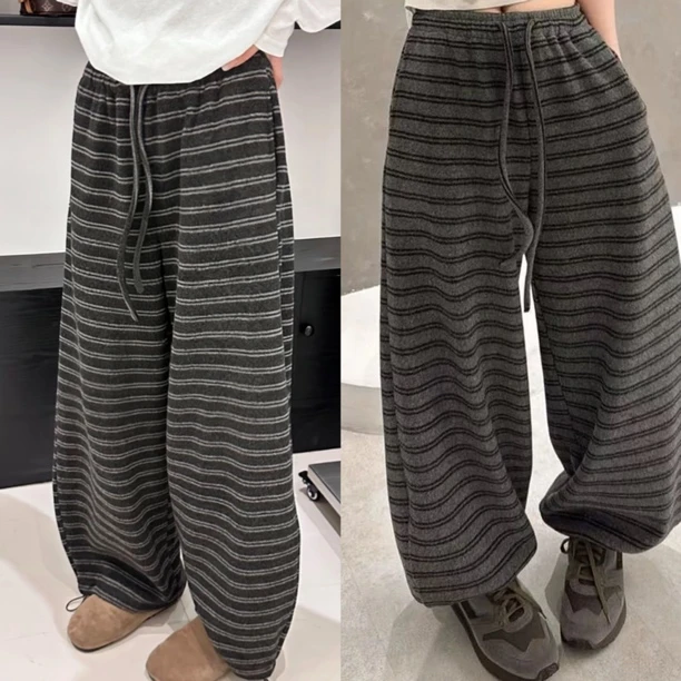 冬季爆款加绒加厚条纹束脚卫裤女装2025时尚流行超好看保暖休闲裤
