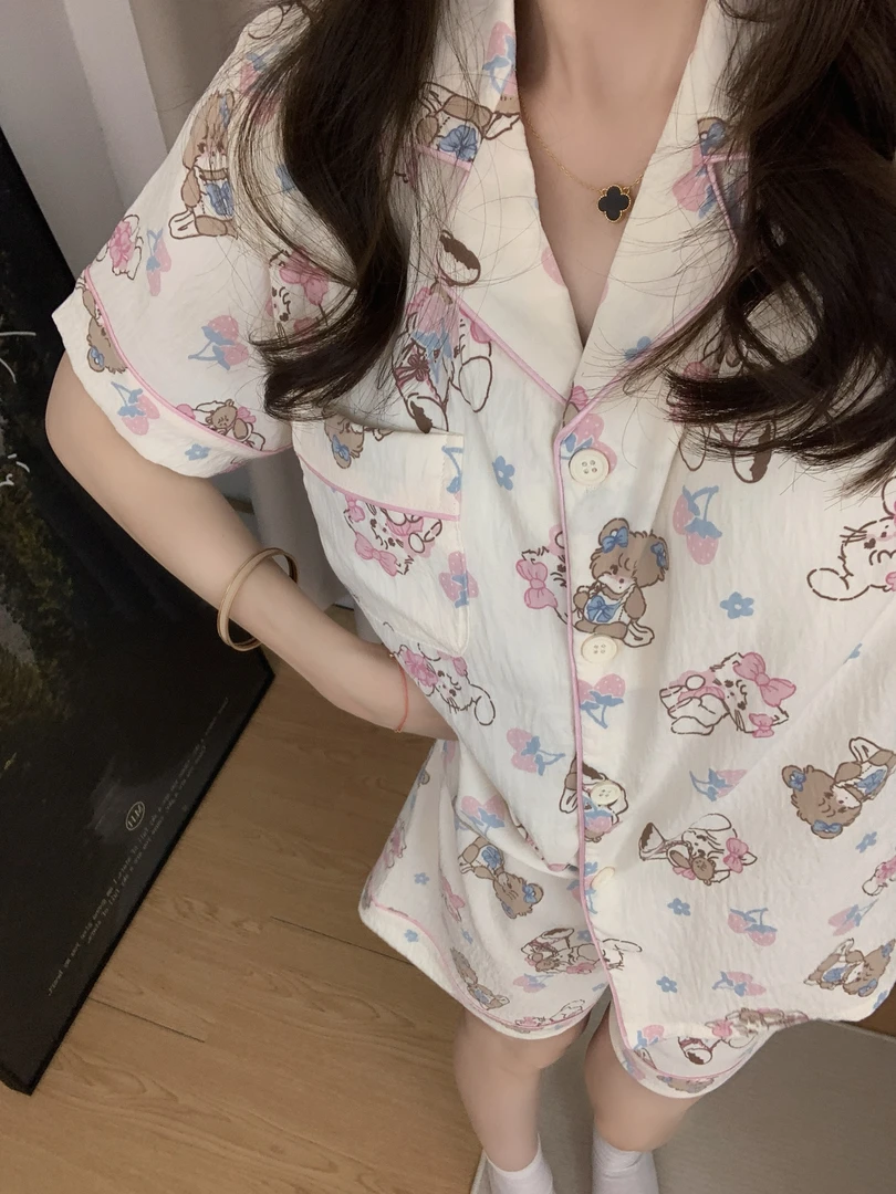 【带胸垫】吉伊卡哇三件套可爱夏天短袖睡衣女款学生夏季短袖家居服