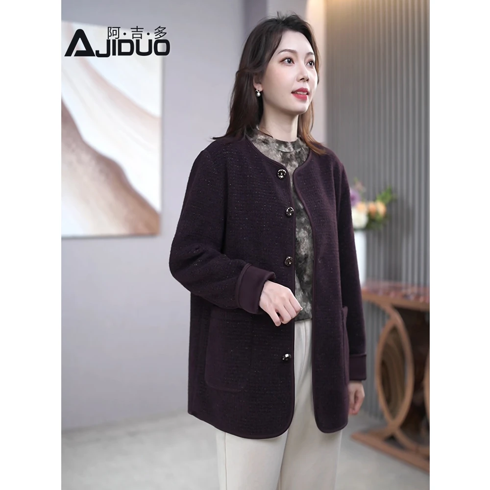 气质紫红色小香风外套女秋冬新款高端大气上档次胖mm宽松显瘦上衣