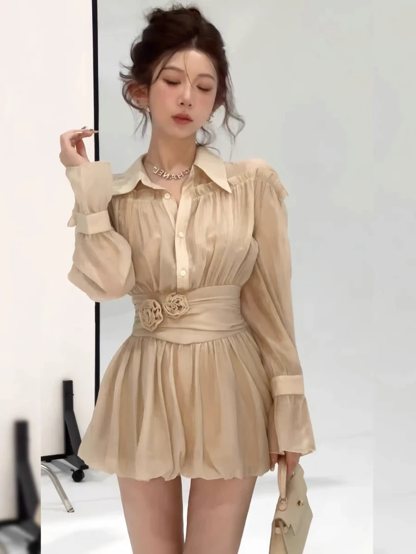 <<No退NO换>>玫瑰花衬衫连衣裙女秋季新款小个子收腰长袖衬衣短裙