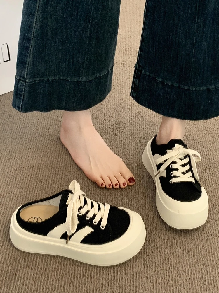 厚底包头半拖鞋女秋外穿2025新款超火一脚蹬女鞋懒人无后跟帆布鞋