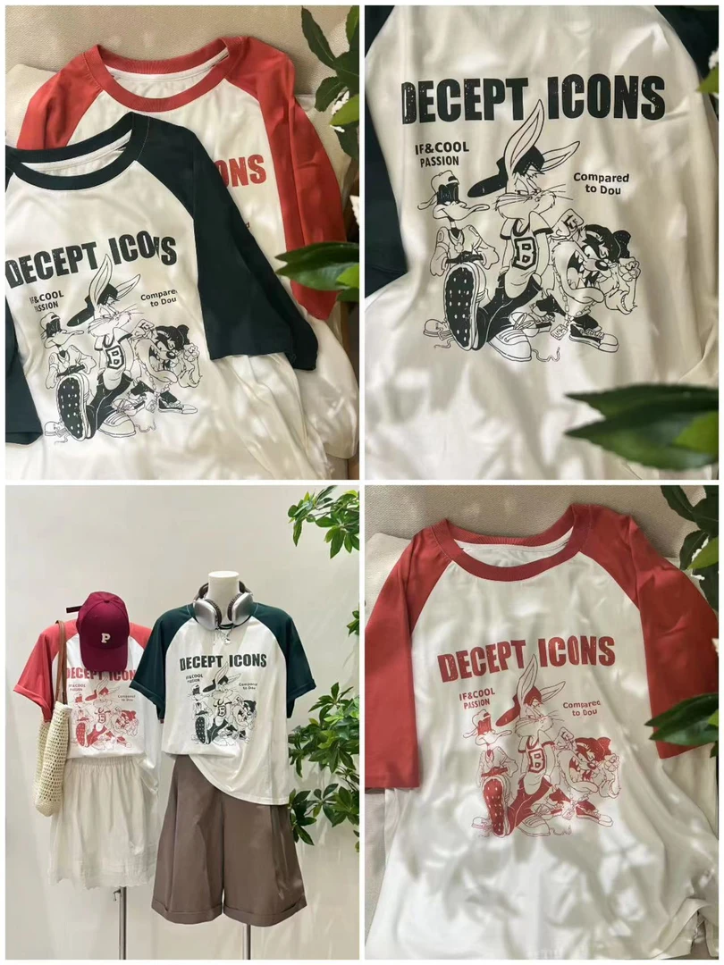 邹先森25207-30撞色夏季通用短袖运动T恤时尚假两件插肩袖印花