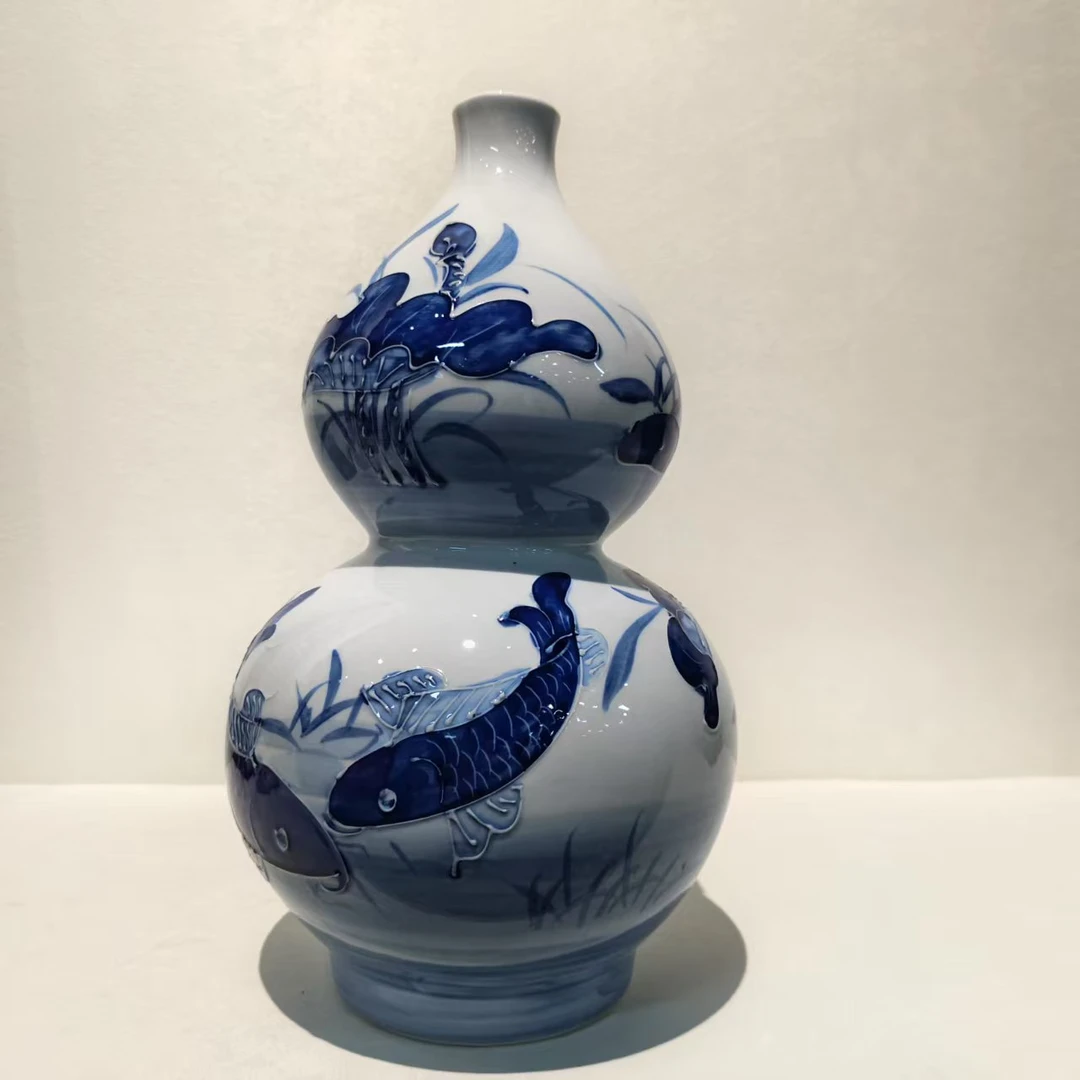 景德镇陶瓷高温青花荷花鱼赏瓶摆件