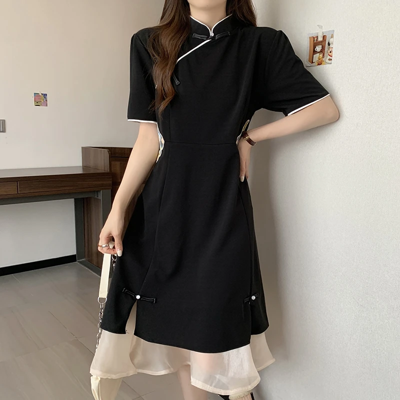 4303大码女装胖MM新中式改良版拼接设计显瘦国风短袖连衣裙2751