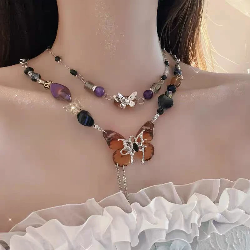 钛钢锆石项链 美拉德双层彩色蝴蝶项链