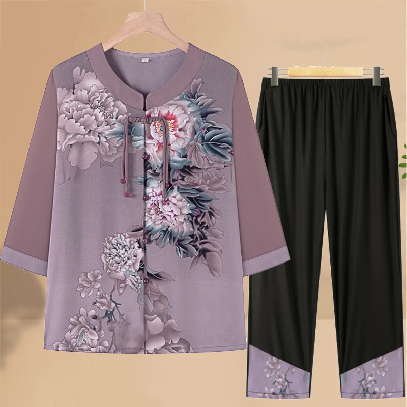 中老年人女装夏季衬衫套装妈妈时尚洋气上衣奶奶装老太太夏季套装