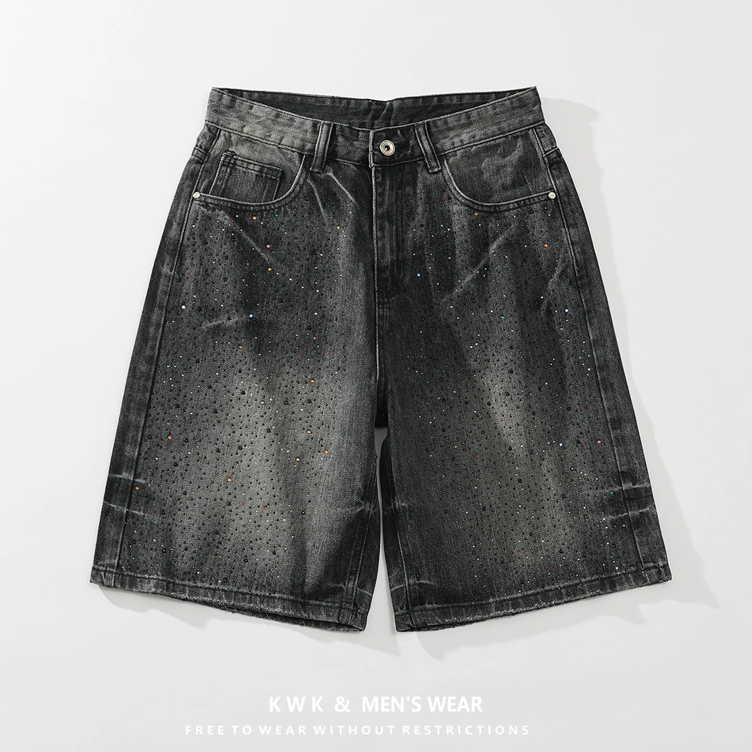 美式高街vibe风烫钻牛仔五分裤男夏季宽松直筒复古高端休闲短裤子