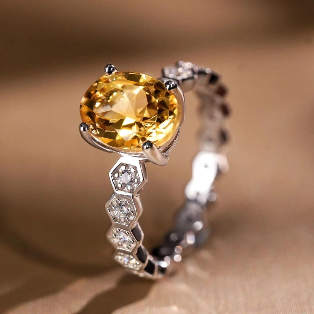 VISING珠宝天然黄水晶S925银戒指蜂巢设计款黄水晶戒指指环国风