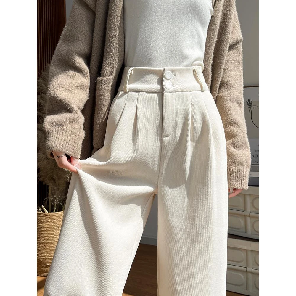 白色灯芯绒阔腿裤子女秋冬季2025新款加绒西装裤小个子加厚直筒裤