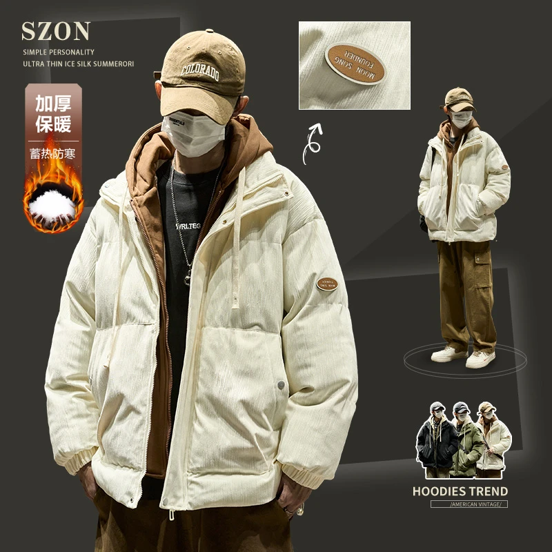 外套男冬季美式复古灯芯绒面包服棉衣潮牌连帽假两件加厚保暖棉服