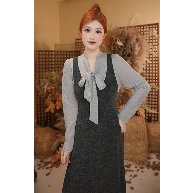 秋季蝴蝶结系带大码女装深灰色收腰显瘦胖mm假俩件连衣裙 25921