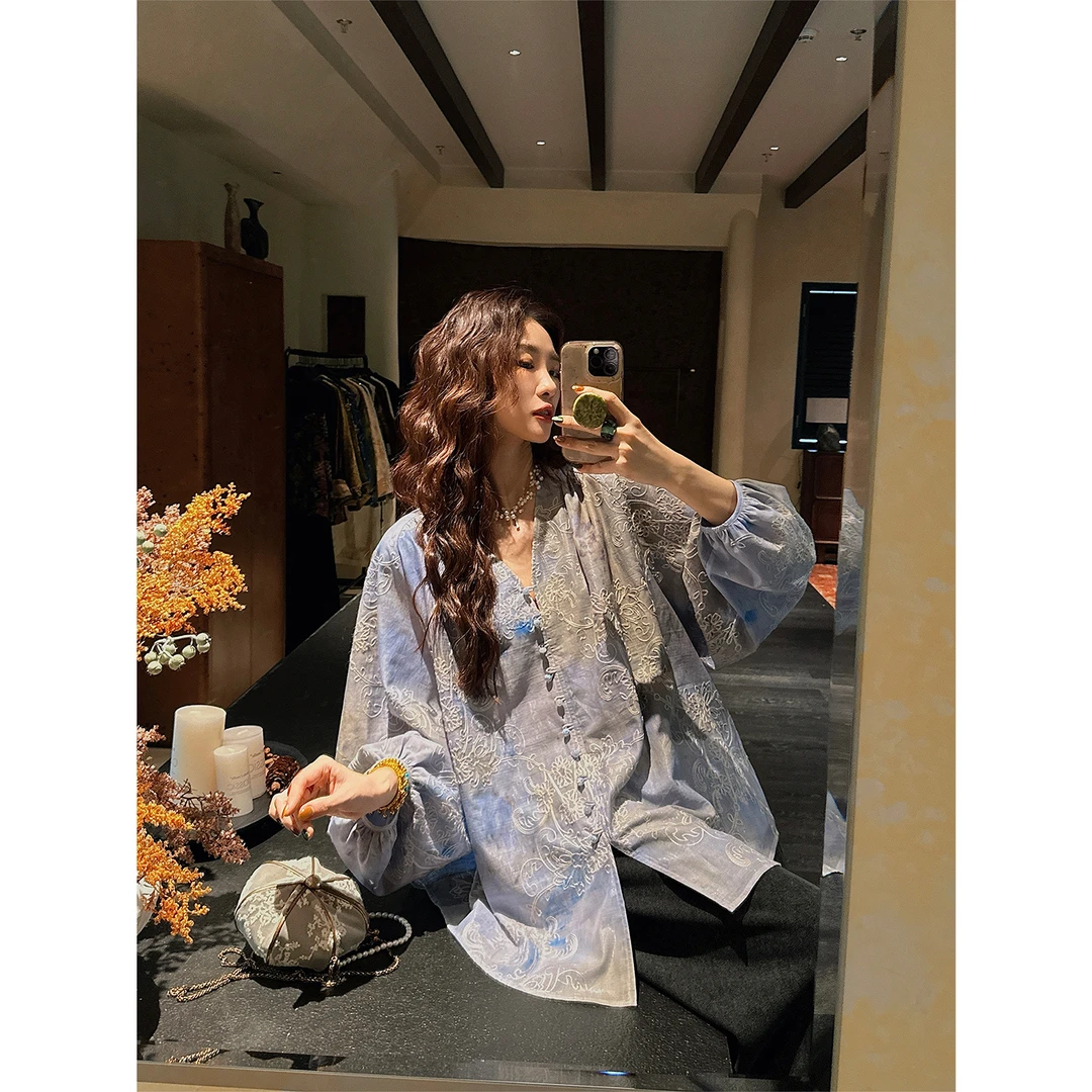 三吉黑花【小河山】新中式灯笼袖刺绣衬衫外套2025早秋轻奢小上衣