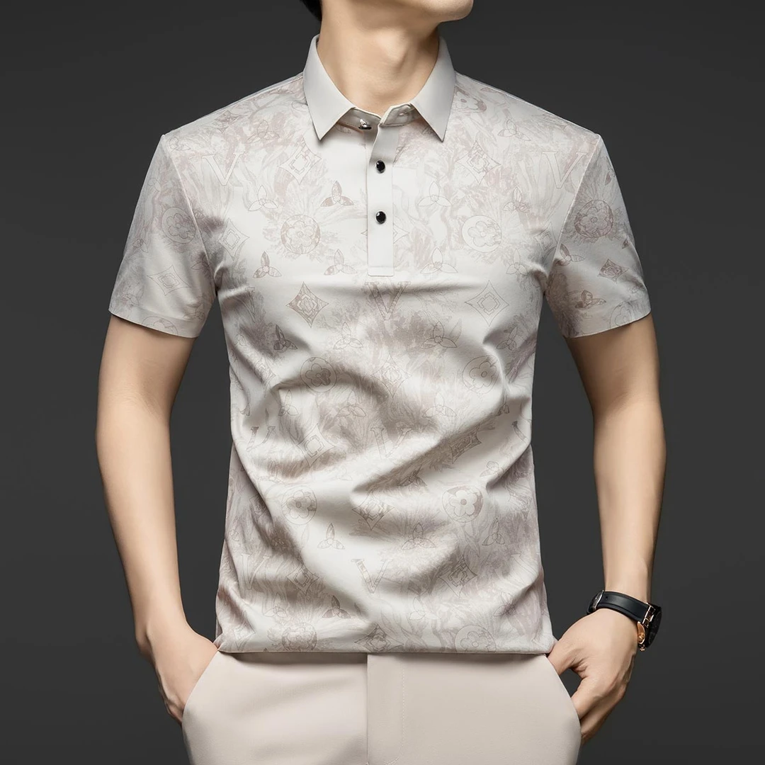 法帝卡尔克夏季无痕短袖桑蚕丝男士T恤时尚印花冰丝凉爽Polo衫