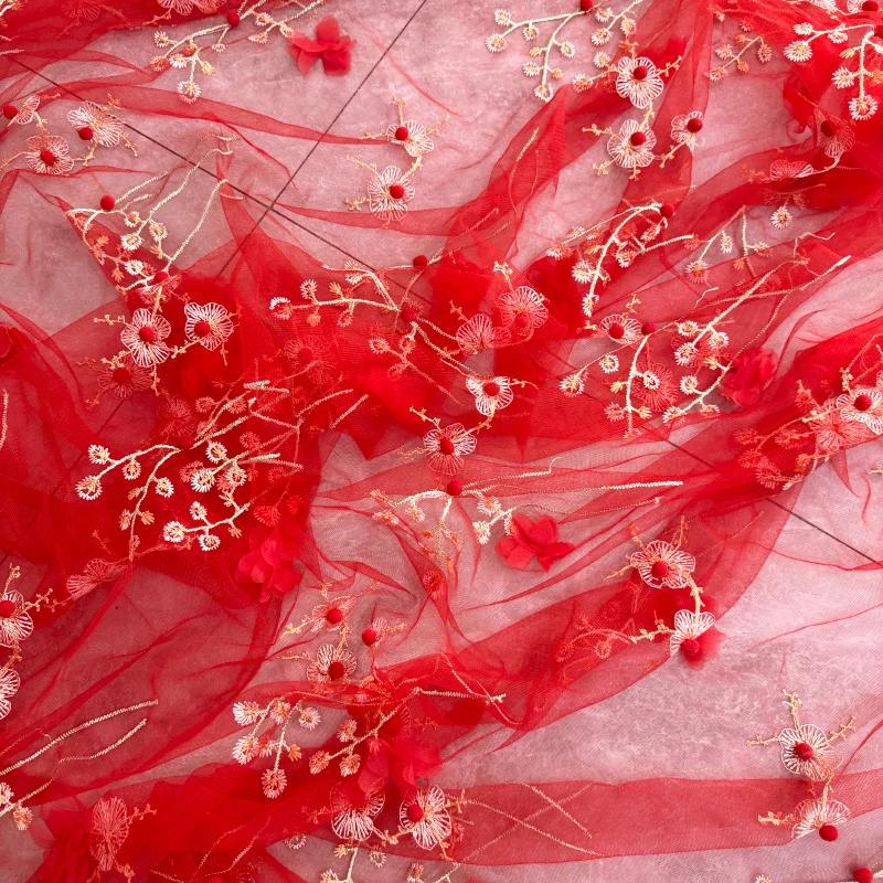 【红底花花】刺绣红色花花网纱【2米价】