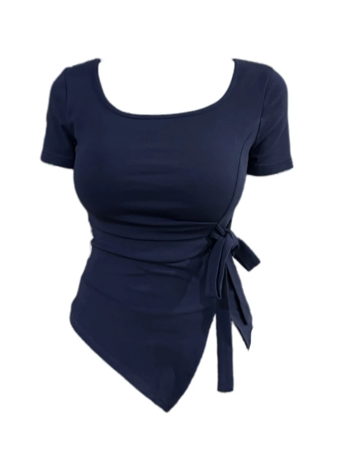 【Amy家】微胖mm纯欲风方领短袖T恤女夏季设计感绑带不规则显瘦上衣