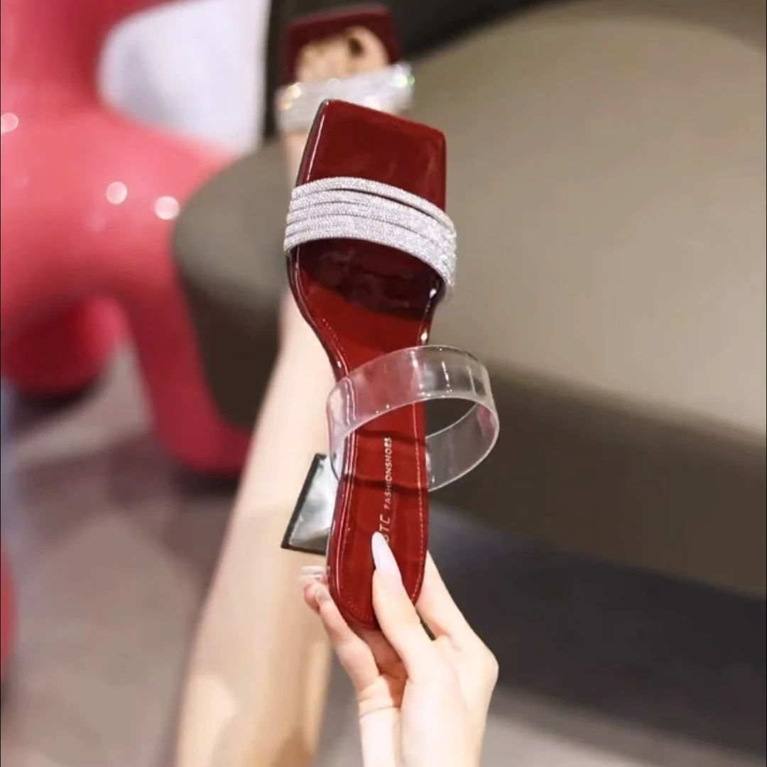 品牌鞋5cm坡跟凉拖鞋女2025夏季新款方头露趾水钻透明外穿一字拖