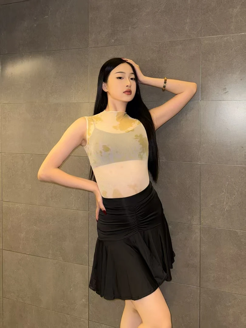 青韵舞服NALI高领无袖网纱拉丁舞上衣