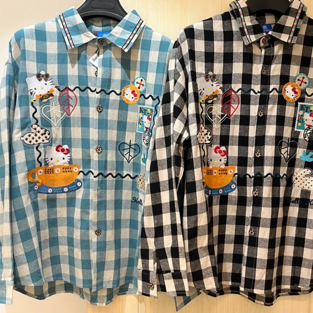 【茶杯KT格子衬衫-829】R77新款原创刺绣设计百搭衬衫男女同款-829