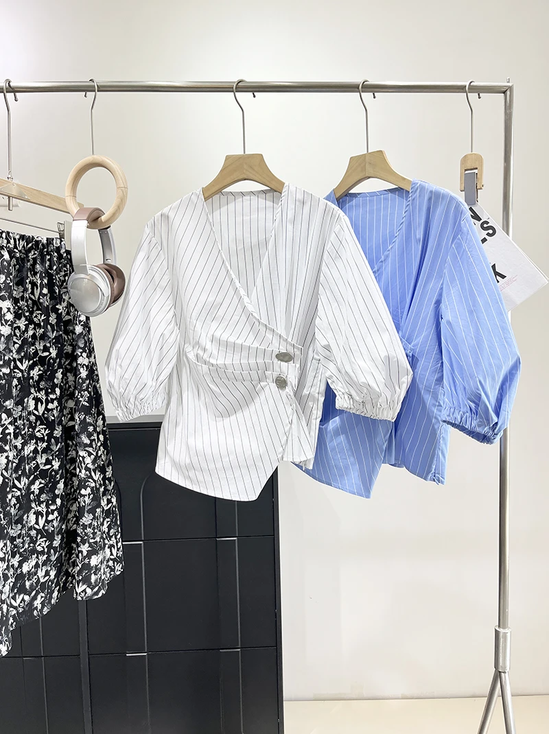 特~好版型 气质/显瘦！遮肚子遮肉七分袖条纹休闲衬衫E1280 H5678