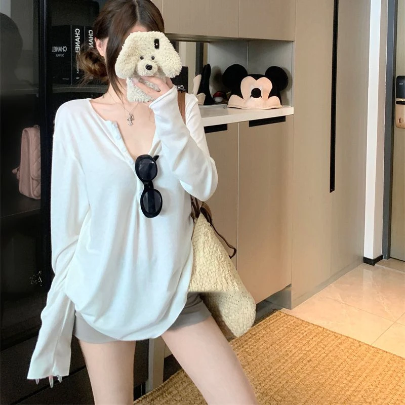 灰色半开领长袖t恤女装2025早秋新款外穿宽松慵懒高级感罩衫上衣