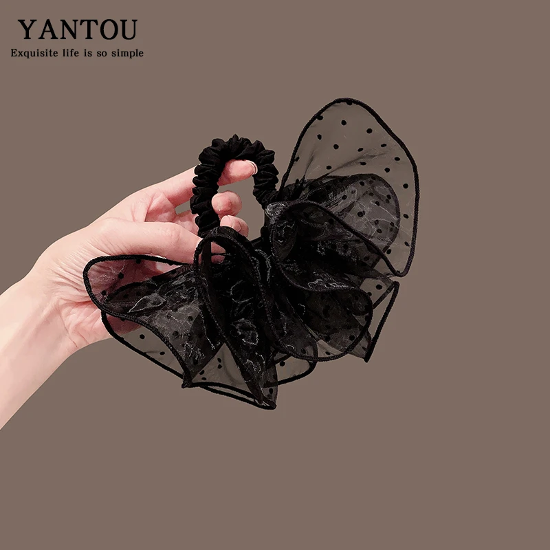 仙气少女网纱波点后脑勺马尾黑色欧根纱大肠圈扇形裙摆扎头发发绳