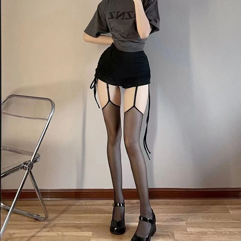 2024辣妹易撕纯欲吊带黑红色丝袜女撞色长筒超薄显瘦轻薄现货