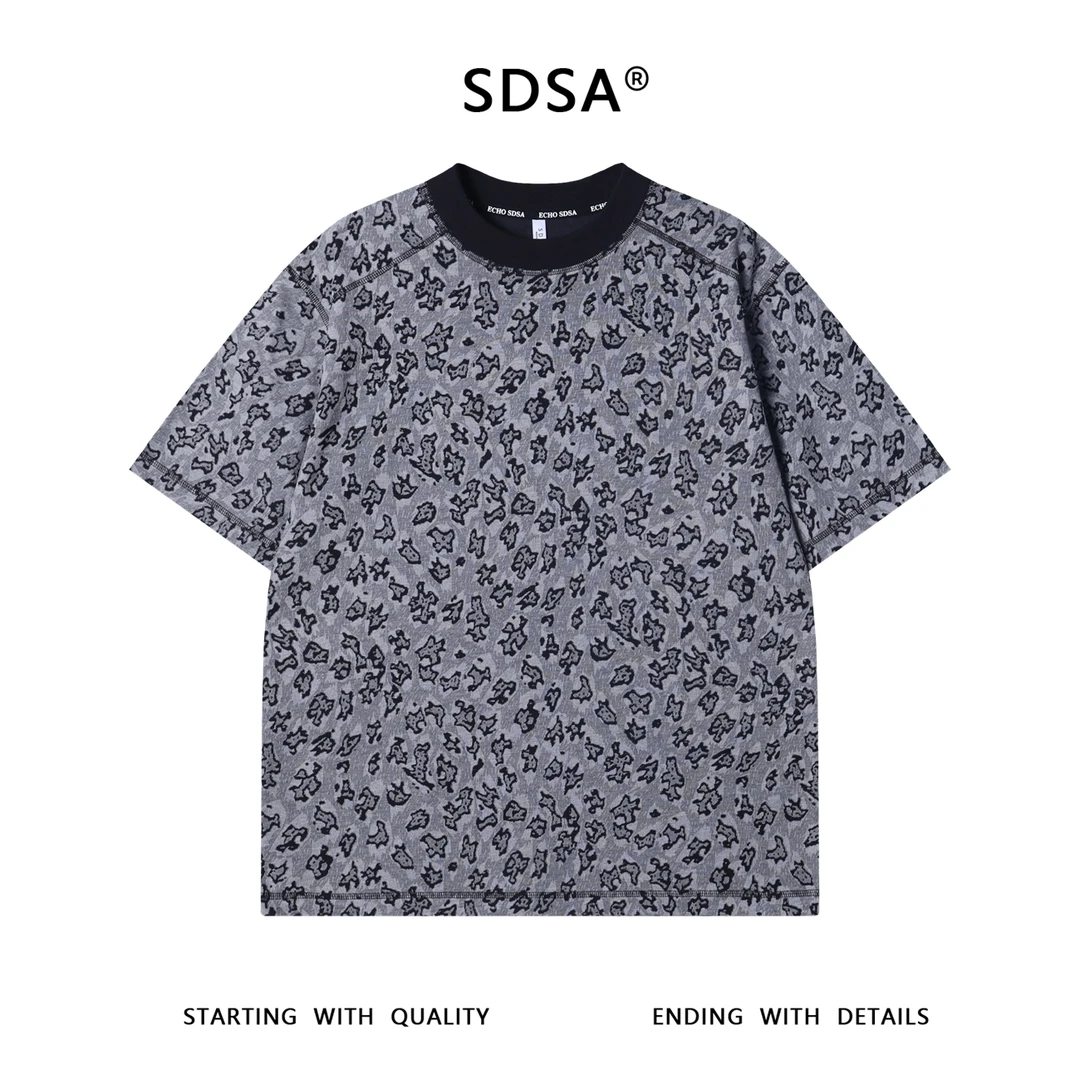 夏季高级感新款美式抽象撞色割破圆领短袖T恤百搭潮流套头上衣