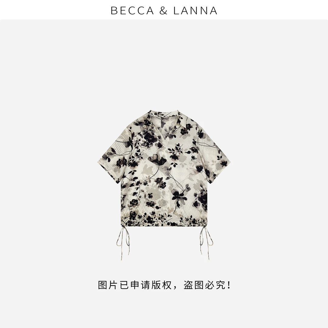 D0272 女士夏季休闲气质翻领桑蚕丝水墨印花上衣 女装