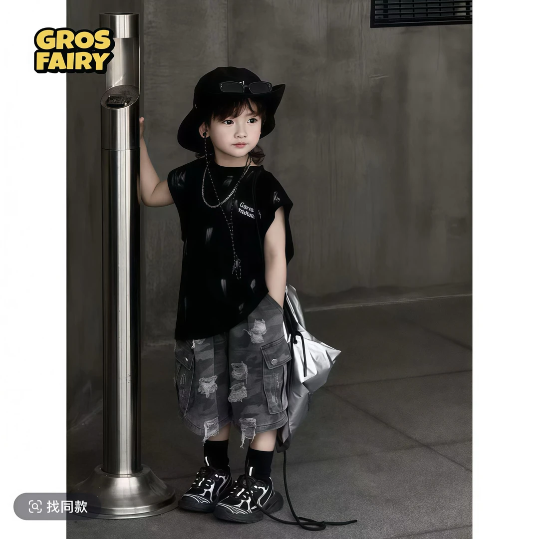 grosfairy儿童夏季韩版涂鸦无袖宽松背心套装T恤短裤两件套潮